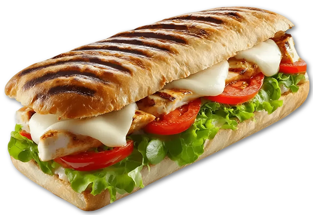 Panini grill&eacute; au poulet, mozzarella, tomates et salade